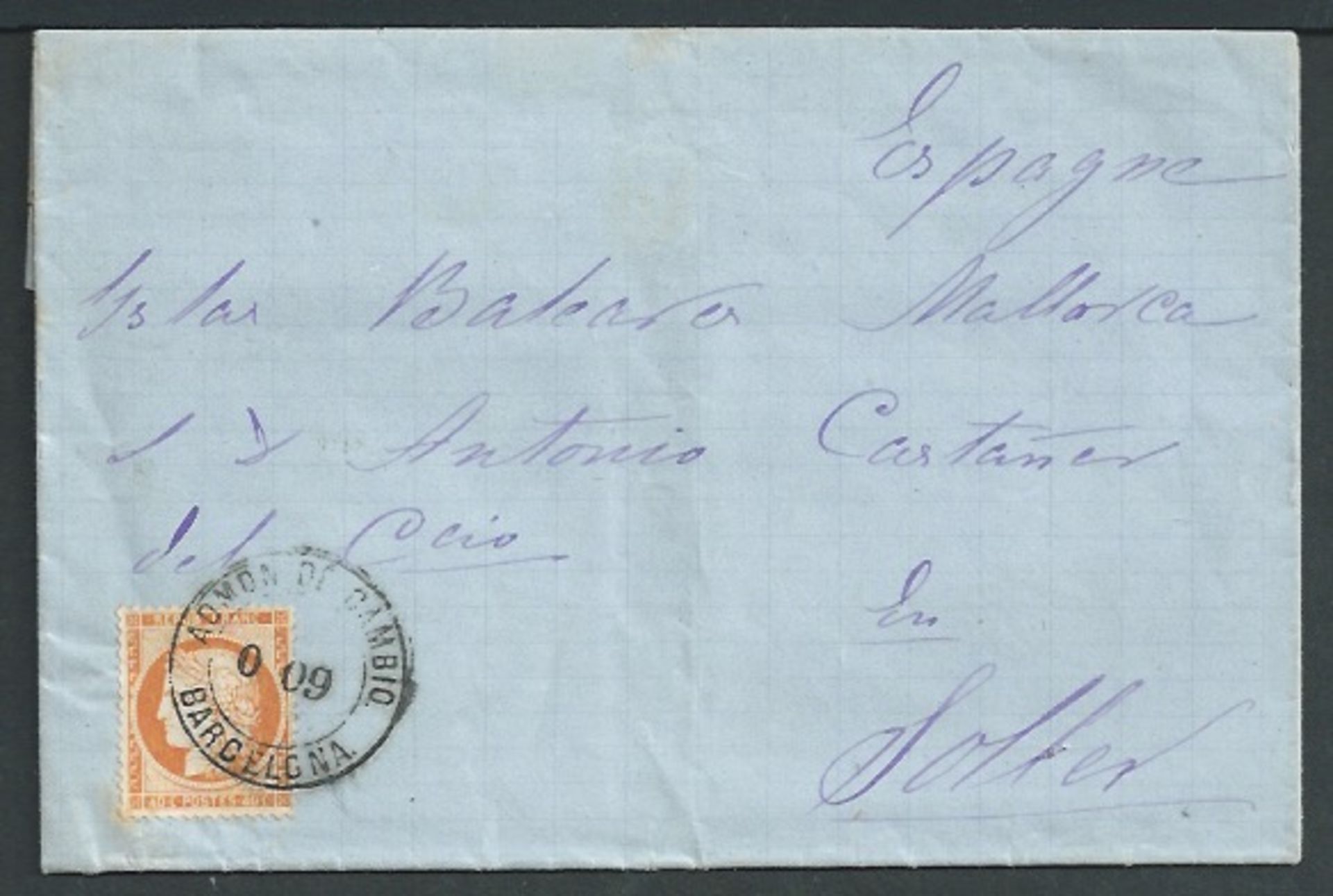 France / Spain 1875 Entire letter from Cette with 1870 40c tied by double circle "ADMON DI CAMBIO B