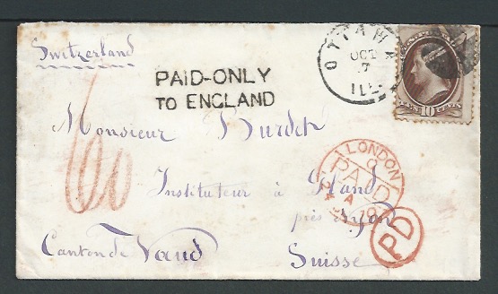 G.B. - Postage Dues / USA 1870 Cover from Ottawa, Illinois to Switzerland franked 10c with the unco