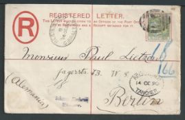 Morocco Agencies 1890 Gibraltar 20c G size registration envelope to Berlin franked 75c, tied by "A2