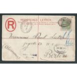 Morocco Agencies 1890 Gibraltar 20c G size registration envelope to Berlin franked 75c, tied by "A2