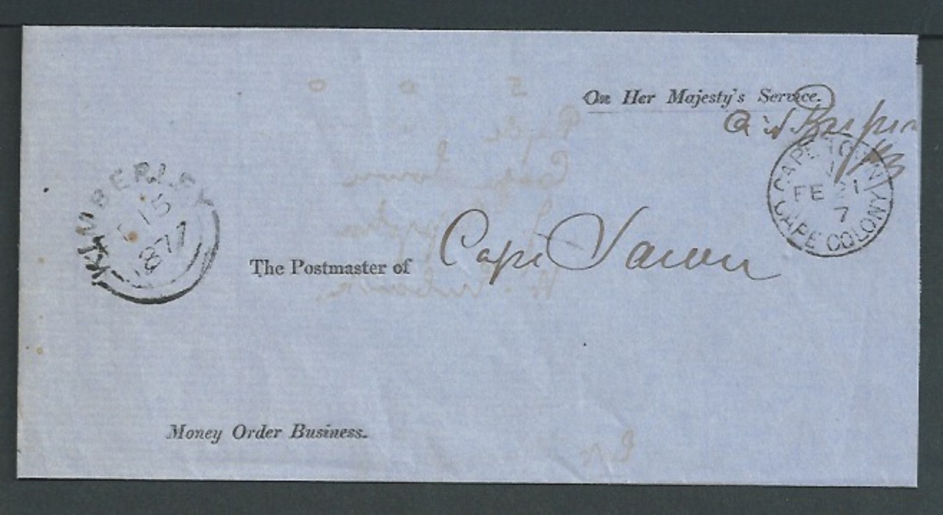 Griqualand West 1877 O.H.M.S. Money Order Business Wrapper to Cape Town, cancelled at Kimberley by