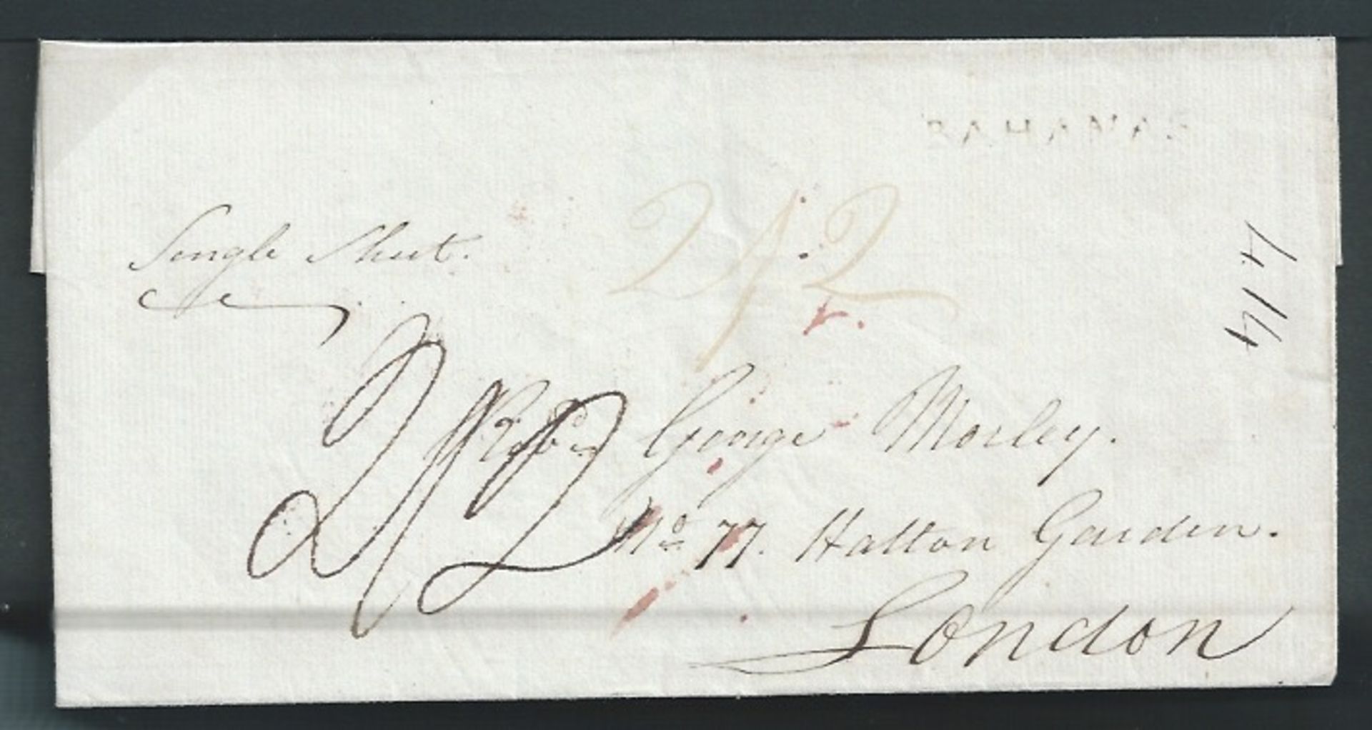 Bahamas 1826 Entire from Nassau to London handstamped with the first type straight-line "BAHAMAS", e