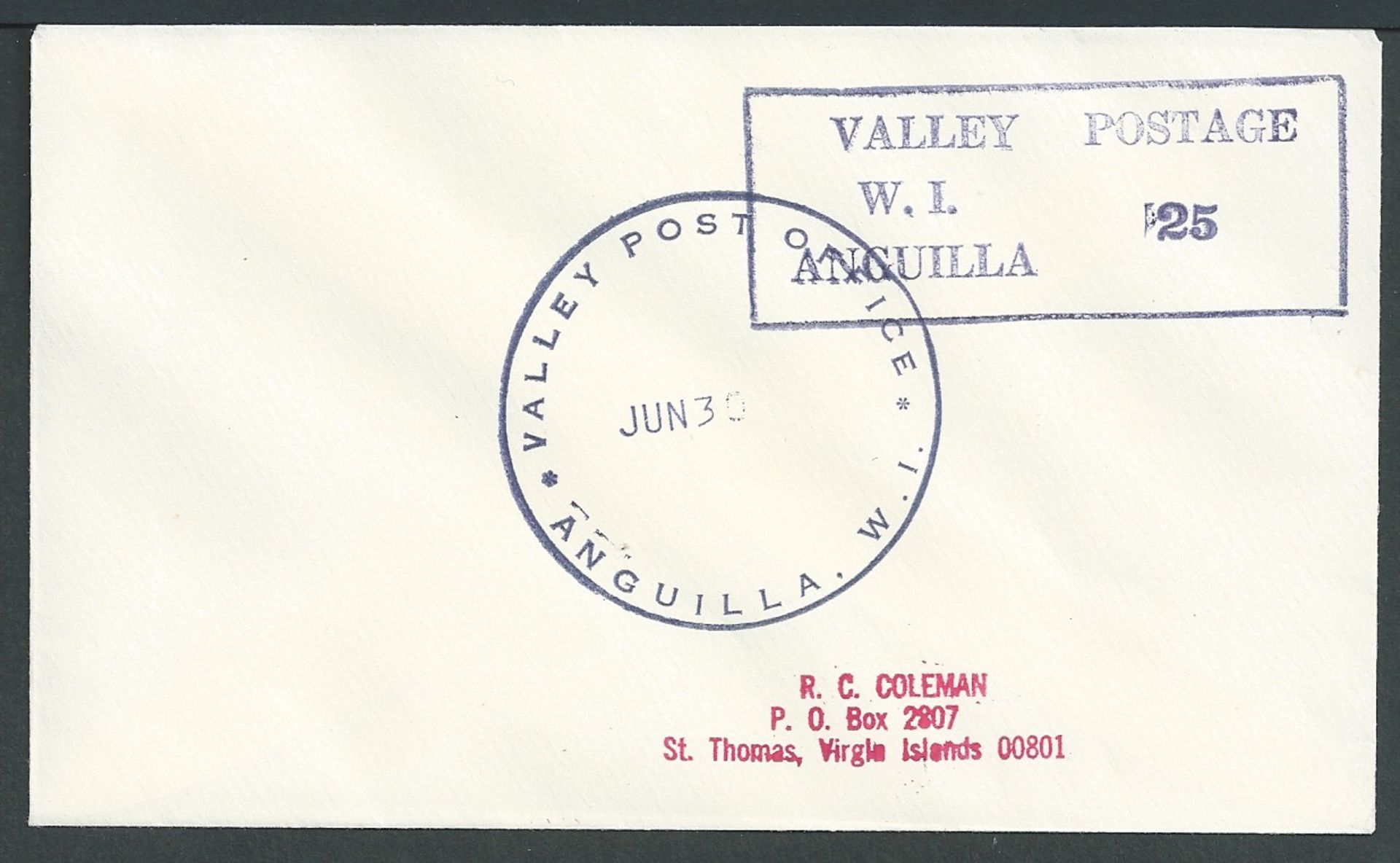 Anguilla 1968 Covers to the U.S. Virgin Island with boxed "VALLEY POSTAGE/W.I./ANGUILLA"