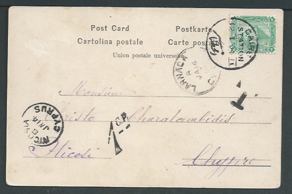 Cyprus 1904 Picture postcard from Cairo to Nicosia franked Egypt 2m, handstamped "T' with "1C.P" ch