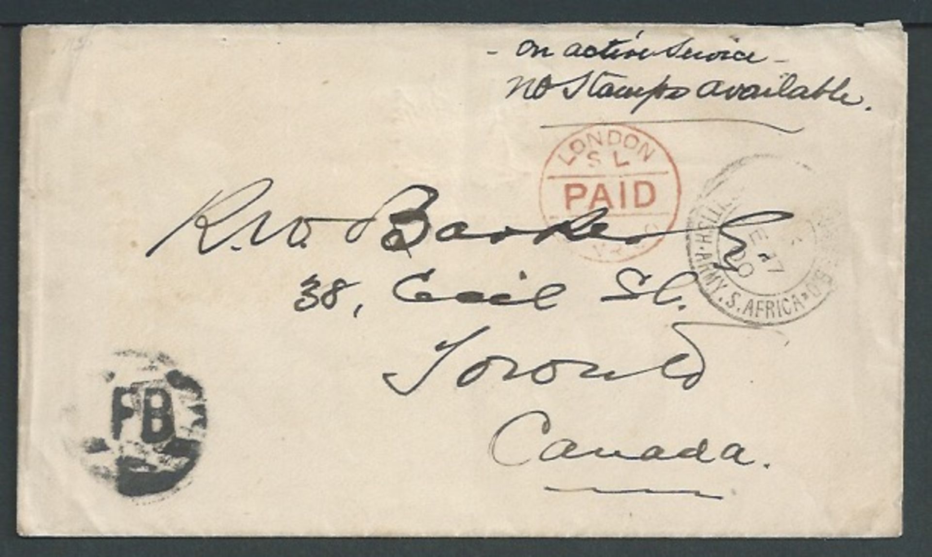 Boer War 1900 Stampless cover to Canada with a Maple Leaf and "CANADIAN CONTINGENT/1899-1900" printe