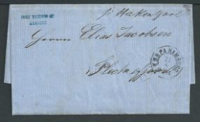 Norway 1863 Stampless Entire Letter from Hamburg "pr Hakon Jarl" to Fleckefjord with "KDOPA HAMBURG