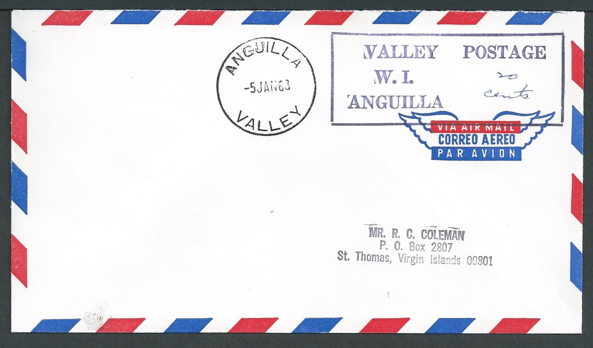 Anguilla 1968 Covers to the U.S. Virgin Island with boxed "VALLEY POSTAGE/W.I./ANGUILLA" - Image 3 of 4