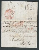 Malta 1842 Entire letter from Italy to Malta with straight line "27 Oct 1d" charge mark applied upo