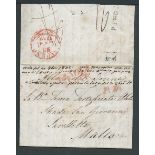 Malta 1842 Entire letter from Italy to Malta with straight line "27 Oct 1d" charge mark applied upo