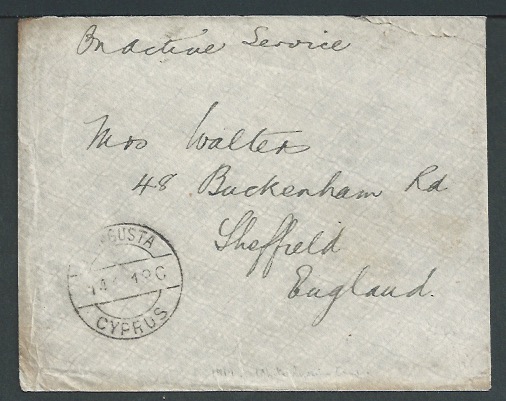 Cyprus 1919 Stampless On Active Service envelope (wear and tear) to England with fair FAMAGUSTA / C