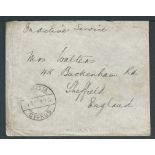 Cyprus 1919 Stampless On Active Service envelope (wear and tear) to England with fair FAMAGUSTA / C