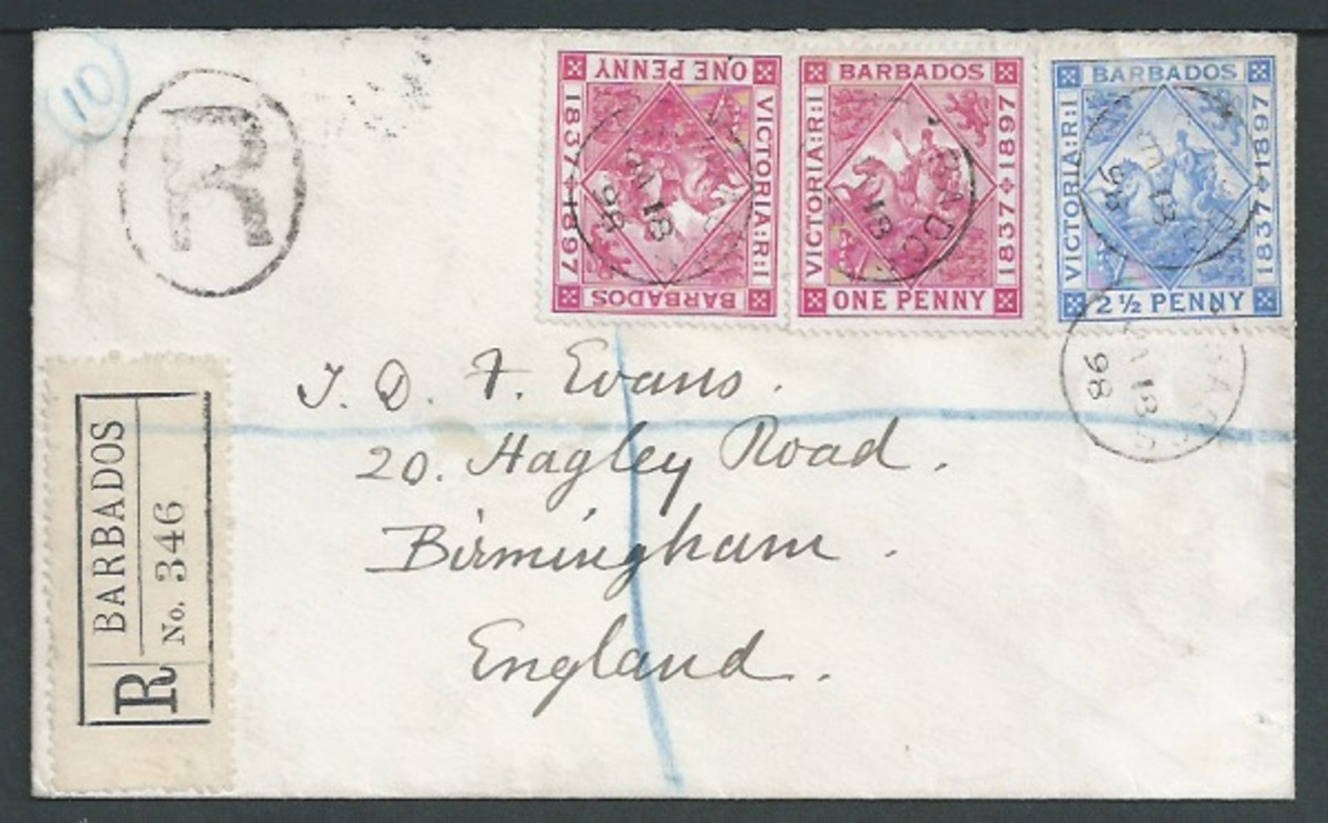 Barbados 1898 Registered cover to England bearing 1897 Diamond Jubilee issue 1d (2) and 2.1/2d.