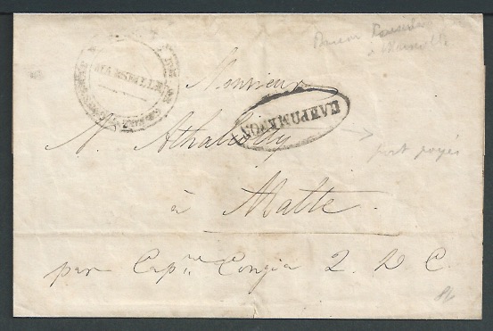 France / Malta 1836 Wrapper from Marseille 9th February 1835 to Malta with Malta mark on reverse.