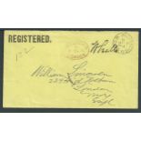 G.B. - Registered Mail 1872 Stampless Cover with "REGISTERED" printed in the top left corner, addres