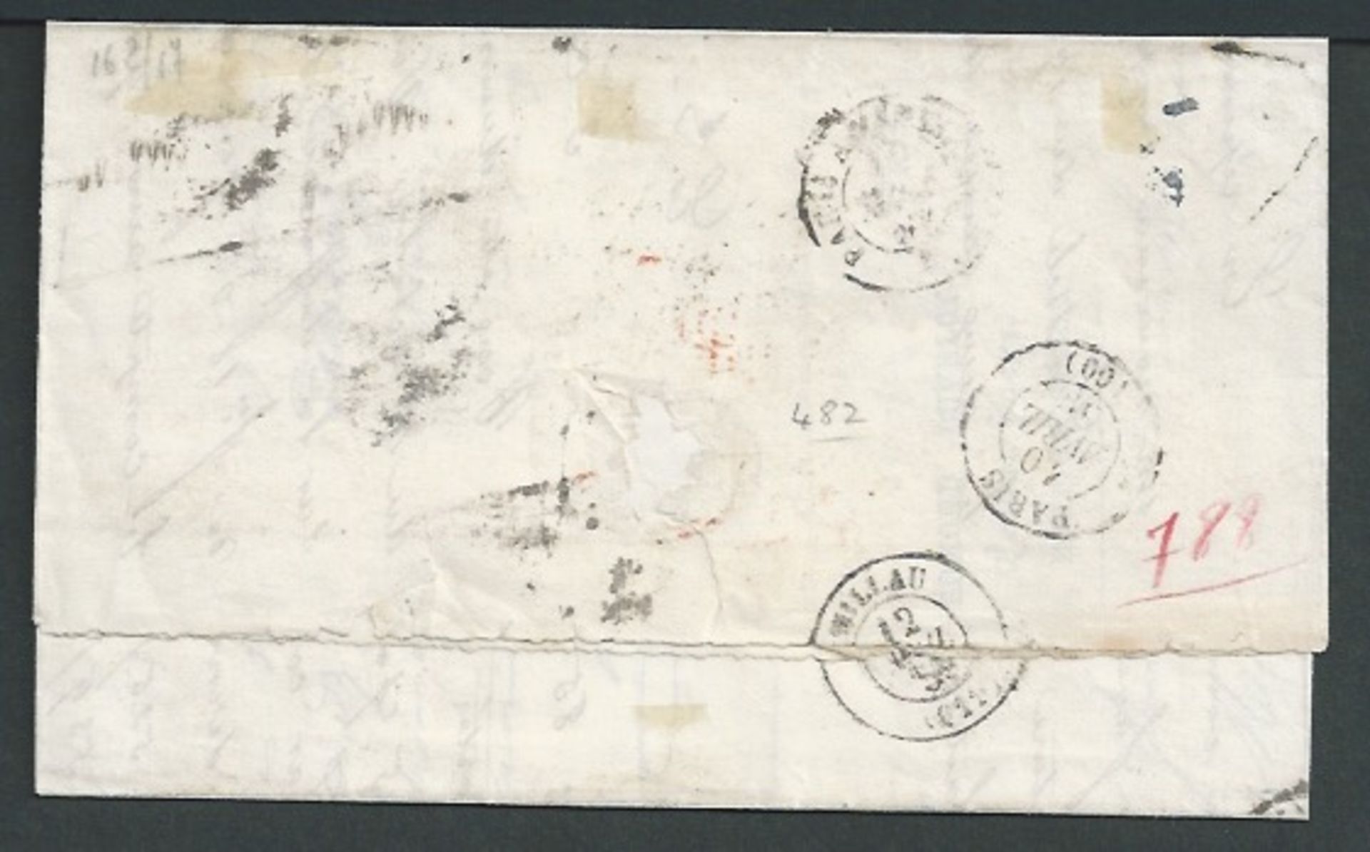 G.B. - Machines 1866 Entire letter to France franked 4d pair cancelled by Rideout machine duplex wit - Image 2 of 4