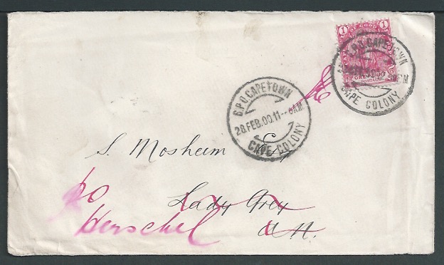 Boer War 1900 (Feb 28) Cover (minor staining) from Cape Town to Lady Grey, the occupied by the Boer