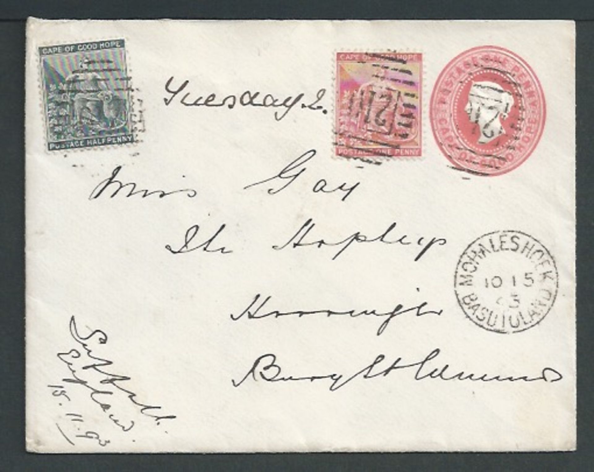 Basutoland 1893 Cape of Good Hope Q.V. 1d carmine Postal Stationery Envelope used with Cape Rectangu