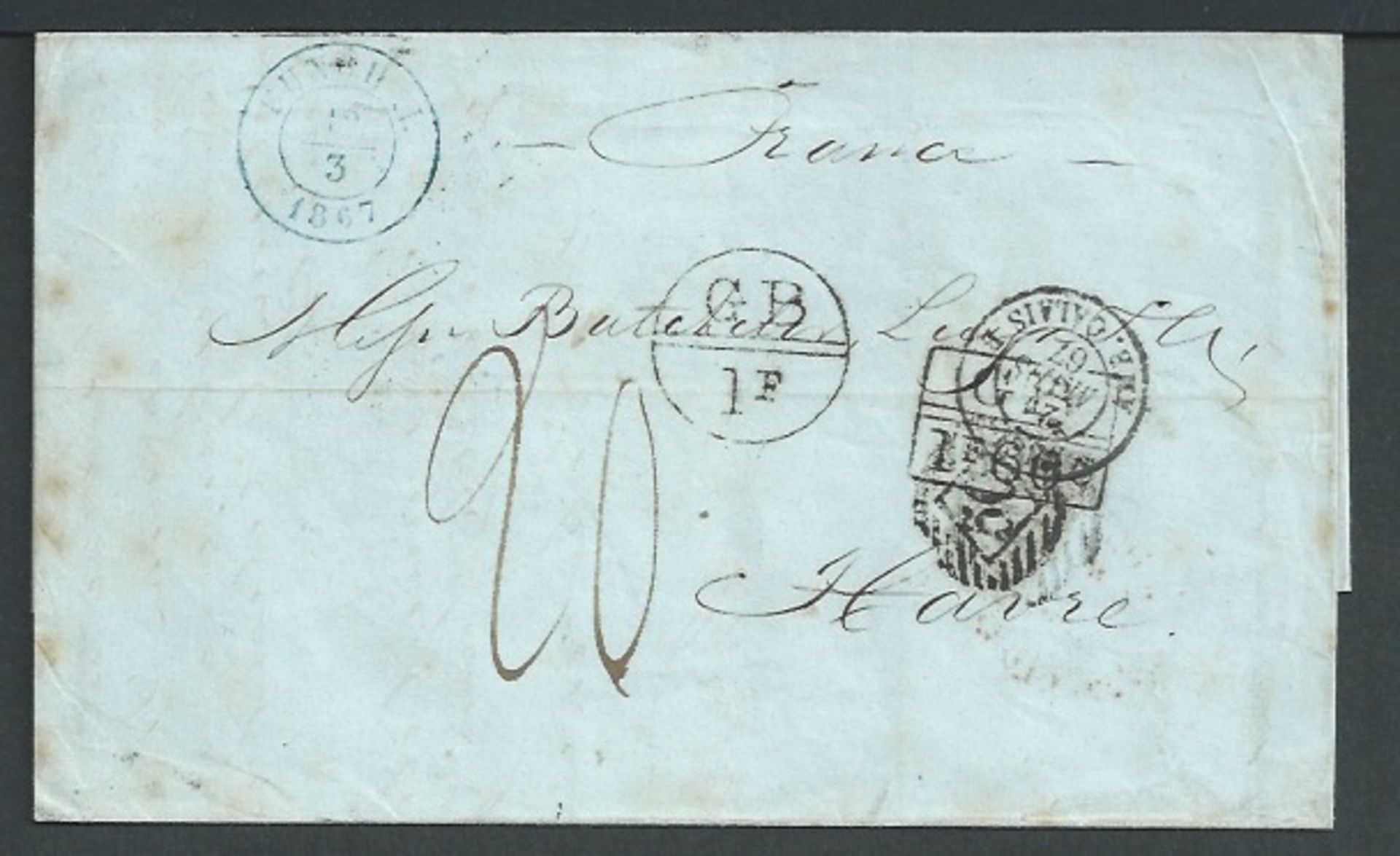Accountant Marks / Madeira 1867 Entire from Maderia to France via England, with datestamps of "FUNCH