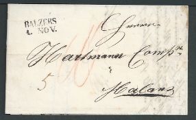 Liechtenstein 1861 Stampless Entire Letter from Balzers to Malans with very clear "BALZERS 1. NOV."