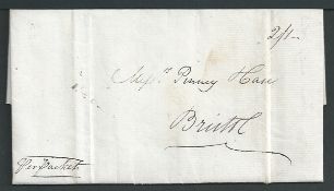Nevis 1833 Entire Letter (file folds) to Bristol 'per packet' charged '2/1', backstopped with two-li
