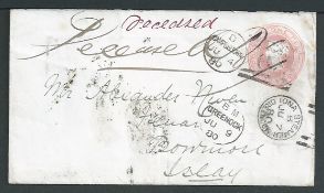 G.B. - Greenock & Ardrishaig Packet 1880 1d Pink postal stationery envelope from Campbeltown to Bowm