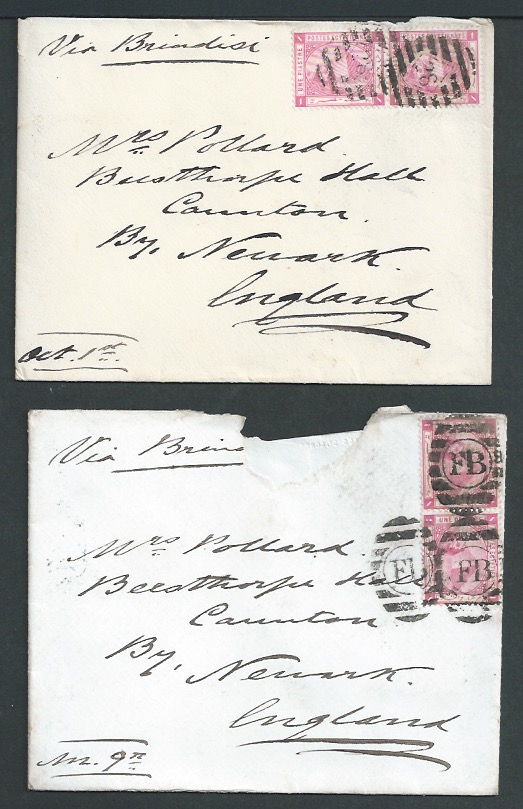 Egypt 1870 Covers from E. J Pollard, Captain of H.M.S "Rupert" (one with crest on reverse), sent fr