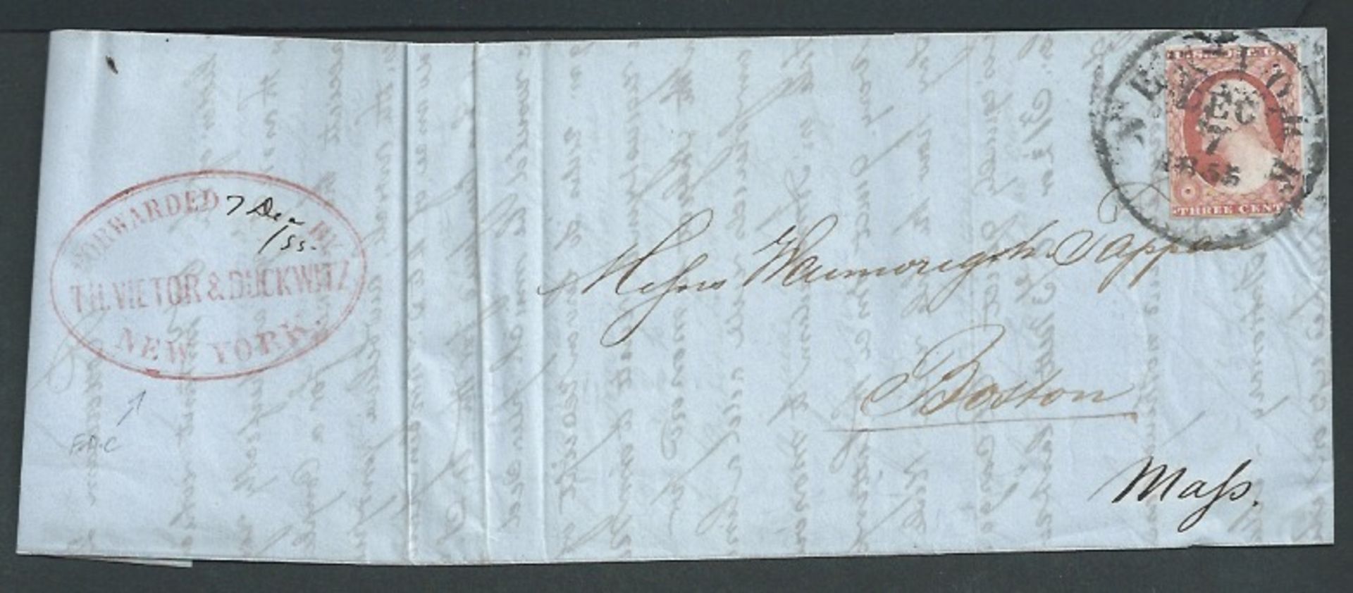 Forwarding Agents 1855 Entire Letter from Rotterdam to Boston carried outside the mails to New York