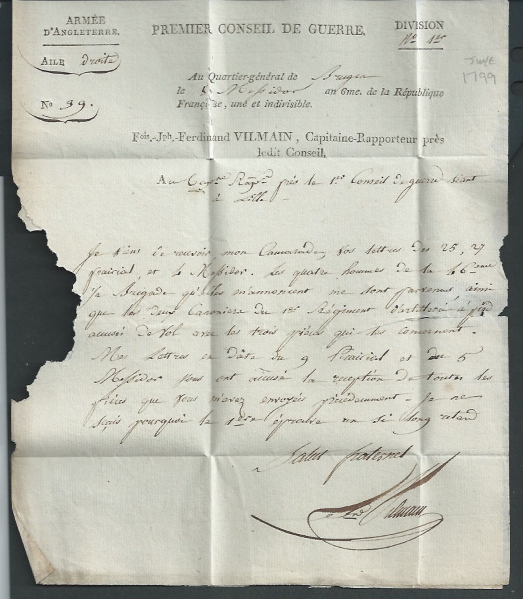 G.B. - Military / France 1799 Entire letter (a few faults) to Lille, written by Captain Villain on p - Image 3 of 4