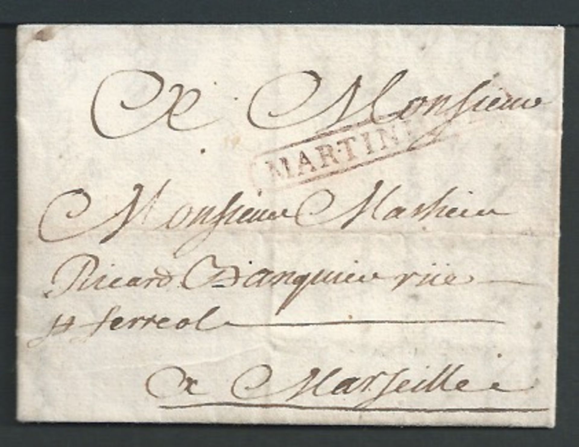 French Colonies - Martinique 1827 Entire letter (fie folds) from St Pierre to Marseille with red fra