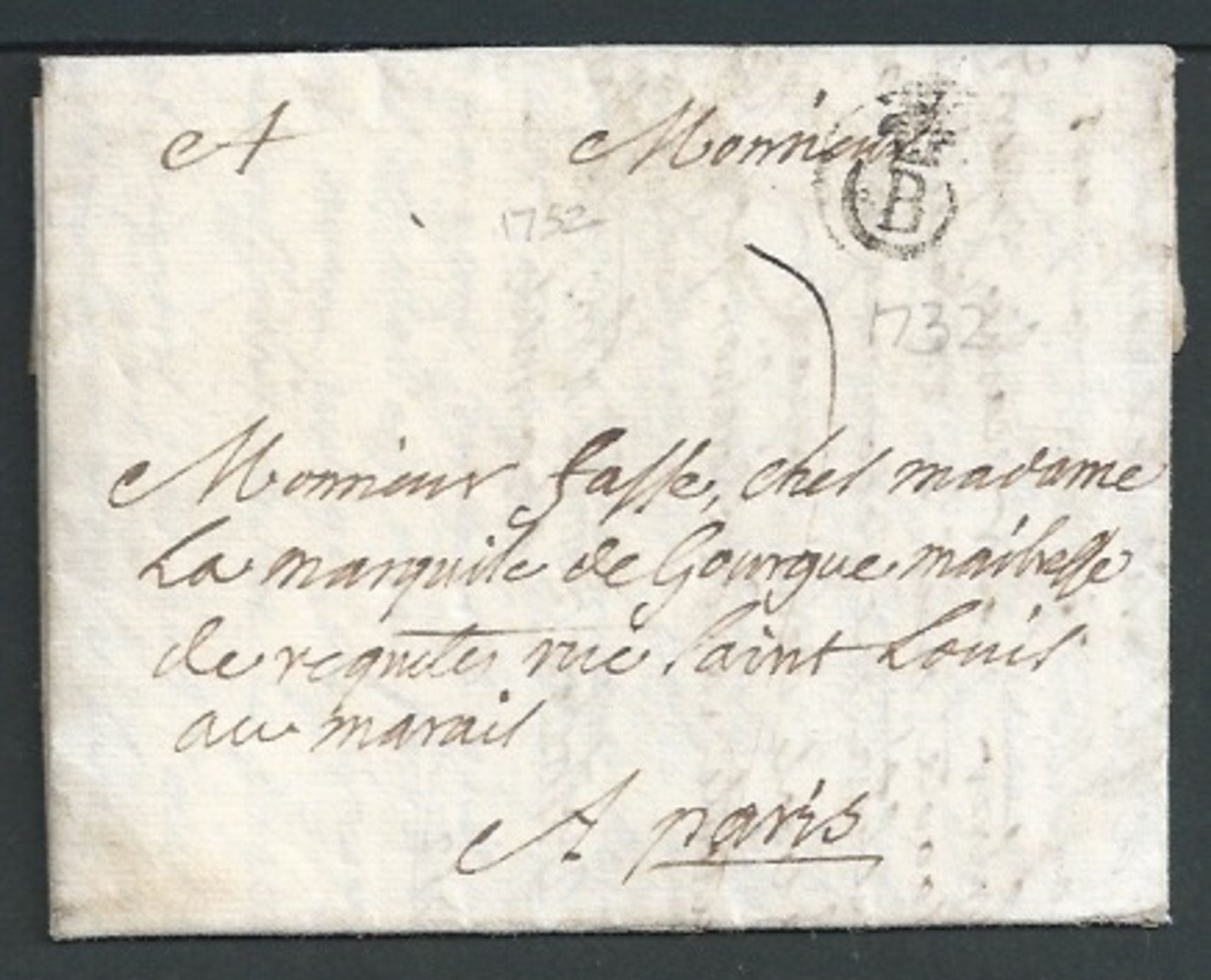 France 1752 Entire letter from Bordeaux to Paris with a good strike of the seventh type "B' flour-d