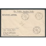 Fiji / New Zealand 1893 Stampless Wellington Dead Letter office "Returned Letter" envelope (corner