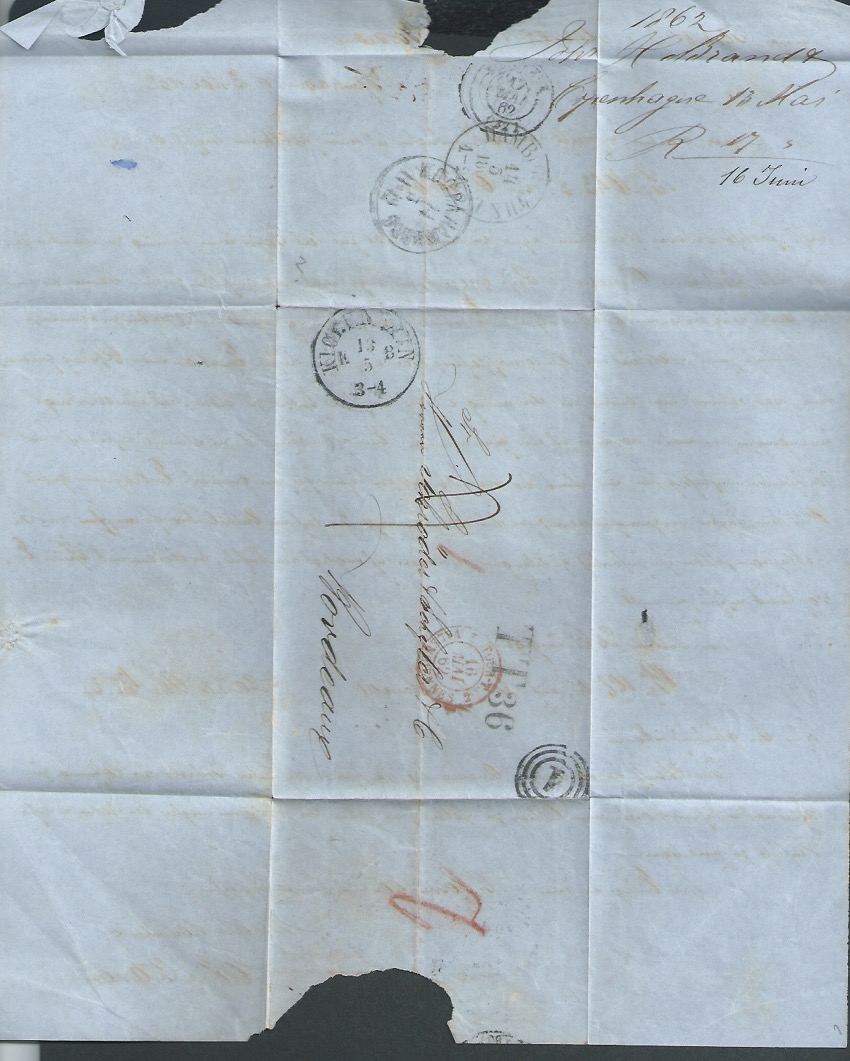 German States - Hamburg / Denmark 1862 Stampless Entire Letter from Copenhagen to Bordeaux with cle - Image 4 of 4