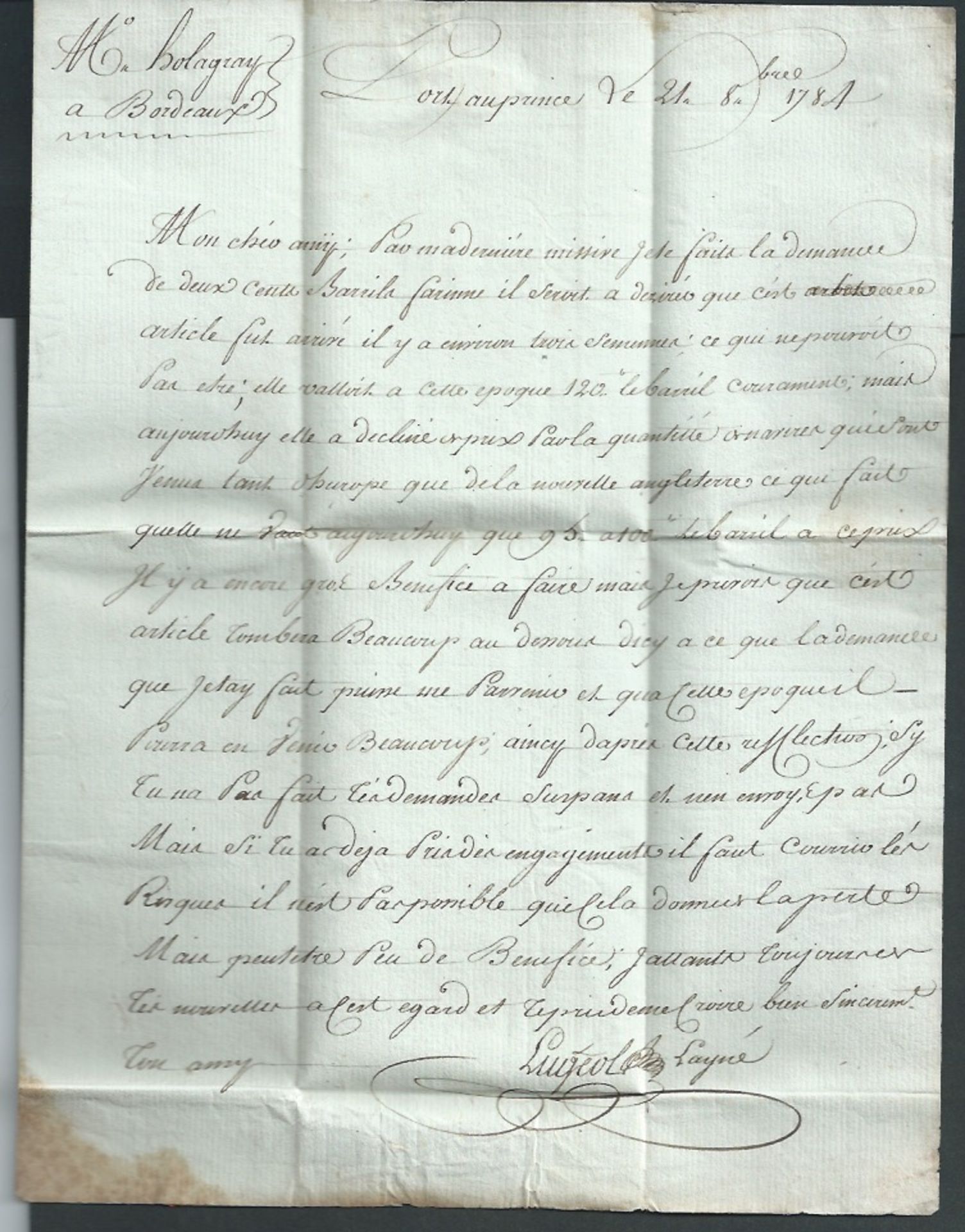 France - Maritime / Haiti 1784 Entire Letter from Port au Prince to Bordeaux charged 16 sols with a - Image 3 of 3