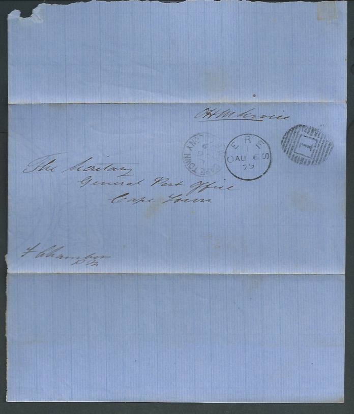 Cape of Good Hope 1879 O.H.M.S. wrapper from the Postmaster at Ceres, with c.d.s. and Cape Town arr - Image 2 of 2