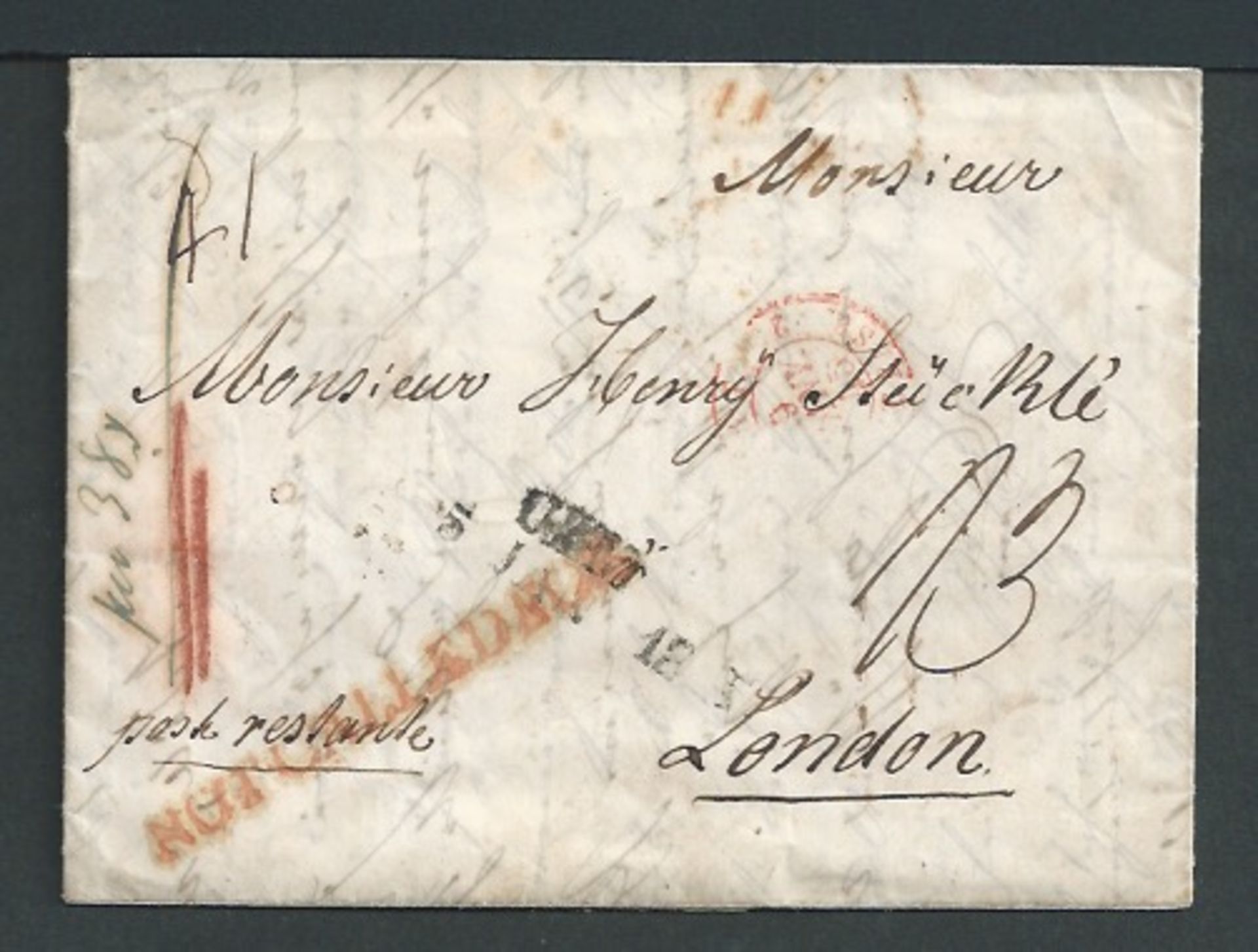 G.B. - London 1845 Entire Letter from Ulm to London handstamped "NOT CALLED FOR" in red. A scarce