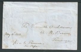 New Zealand 1853 Cover addressed to "The Venerable Archdeacon A. N. Brown, Tauranga, Kia the Paraune
