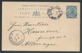 Jamaica / Germany 1889 Jamaica 1d postal stationery Post Card to Germany cancelled by the large stra