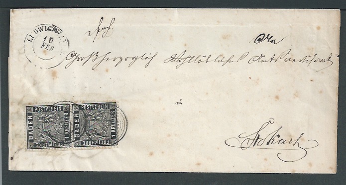 German States - Baden 1861 Part entire (address panel and one flap) from Ludwigshafen to Stockach w