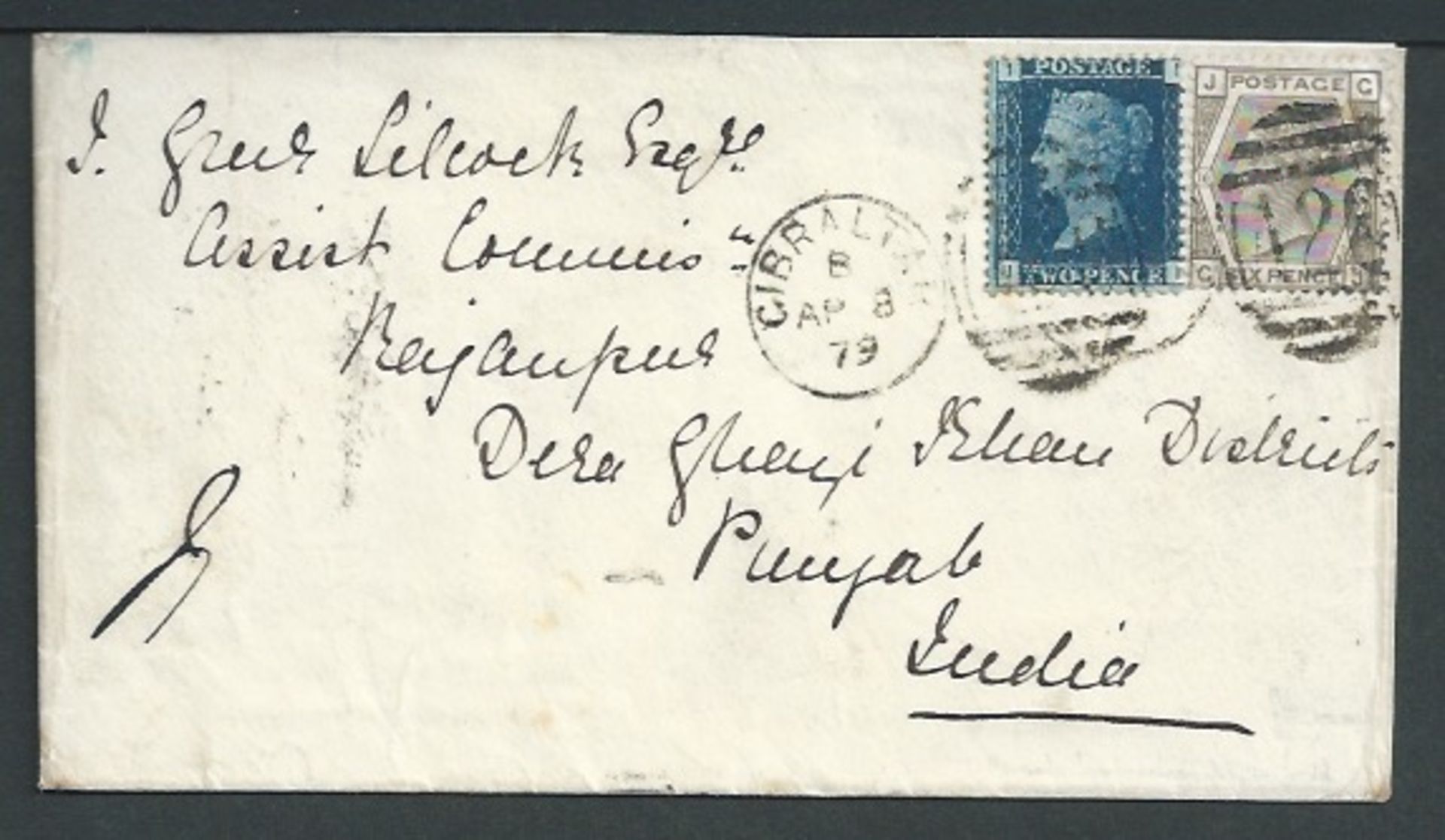 Gibraltar 1879 Cover (flap misisng ) to India bearing 2d blue plate 16 and 6d grey plate 16 tied by