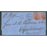 G.B. Yorkshire 1868 Entire from Hull to Norway franked by two Queen Victoria 4d vermilion plate 9 a