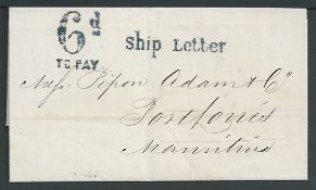 Mauritius 1869 Entire Letter from Calcutta to Mauritius with fine "Ship Letter" and "6d / TO PAY" a