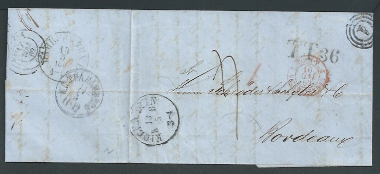 German States - Hamburg / Denmark 1862 Stampless Entire Letter from Copenhagen to Bordeaux with cle