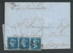 Malta 1858 Entire Letter (repaired central hole) franked G.B. 1855 perf 14 2d blue strip of three (c