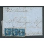 Malta 1858 Entire Letter (repaired central hole) franked G.B. 1855 perf 14 2d blue strip of three (c