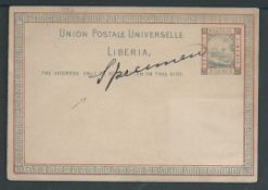 Liberia 1891 3 cents postal stationery Post Card (toning) with "Specimen" written across it in blac