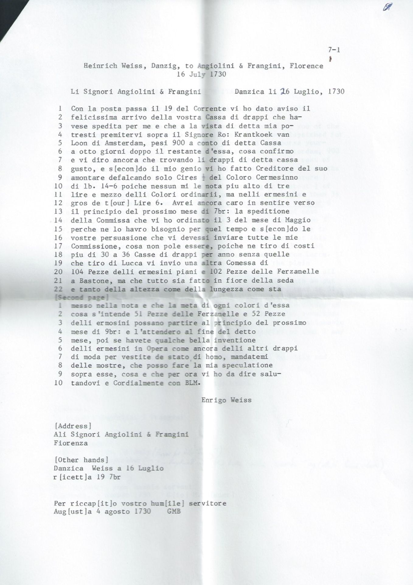 Danzig/Forwarding Agents 1730 (26th July) Entire Letter in fine condition sent from "Danzig" to Flo - Image 7 of 7