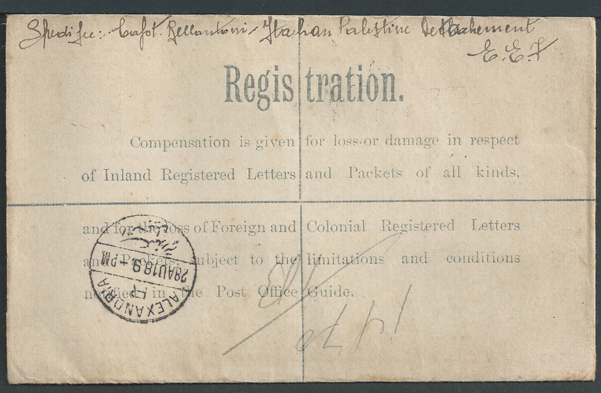 Palestine / Italy 1918 (Aug 27) GB 2d registration envelope sent to Egypt by a Captain in the Ita... - Image 2 of 2