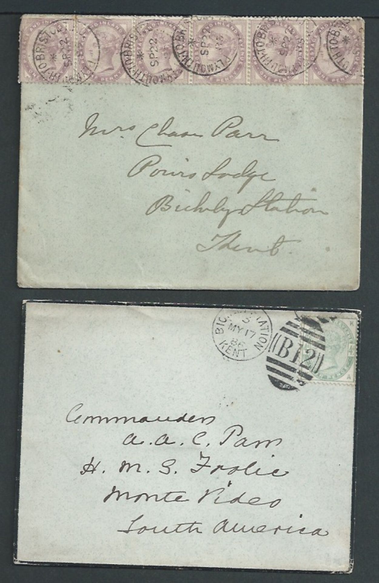 G.B. - Naval Mail / T.P.O.s / Railways 1885-86 Cover from Commander Parr serving on H.M.S. Frolic i