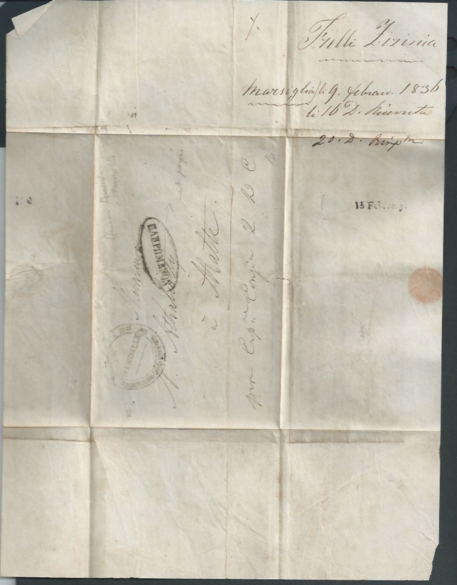 France / Malta 1836 Wrapper from Marseille 9th February 1835 to Malta with Malta mark on reverse. - Image 3 of 3