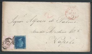 Malta 1883 Registered cover (minor faults) to Italy bearing GB 2d plate 15 and 2.1/2d rosy-mauve pla